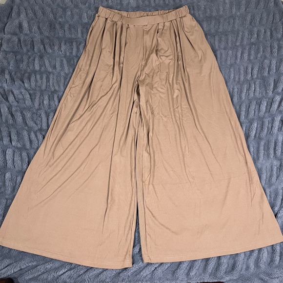 Cider Pants - CIDER Ribbed Wide Leg Palazzo Pants Beige Size 1XL Elastic Waist